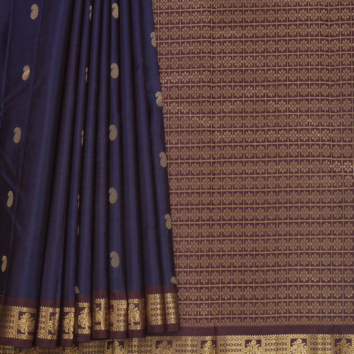 Hayagrivas Handloom Deep Blue Kanjivaram Silk Saree with Dark Brown Border KBF688G1-24