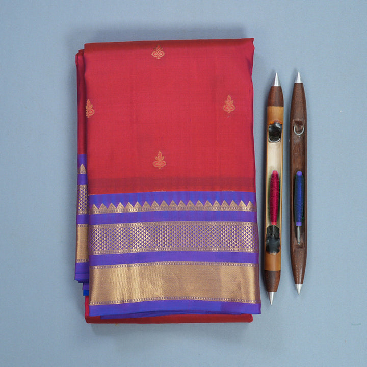 Hayagrivas Handloom Orangish-Pink Kanjivaram Silk Saree with Purple Border KBF688G2-17