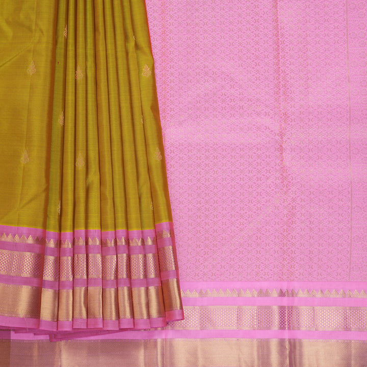 Hayagrivas Handloom Sampanga Yellow Kanjivaram Silk Saree with Rose Pink Border KBF688G2-19