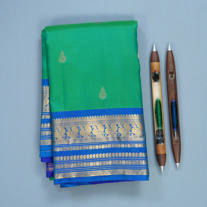 Hayagrivas Handloom Aqua Green Kanjivaram Silk Saree with Blue Border KBF688G2-3