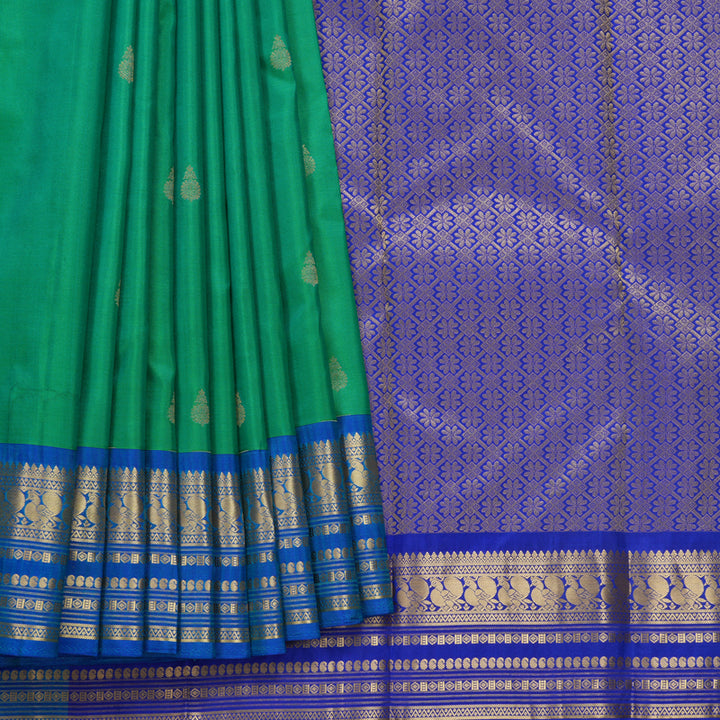 Hayagrivas Handloom Aqua Green Kanjivaram Silk Saree with Blue Border KBF688G2-3