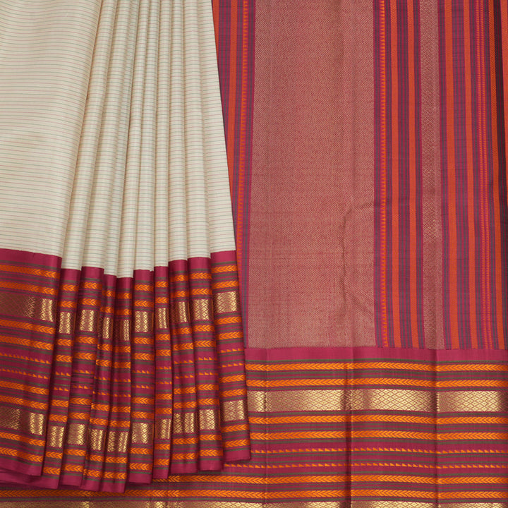 Hayagrivas Handloom Beige Kanjivaram Silk Saree with Maroon Border KBF689G11-1