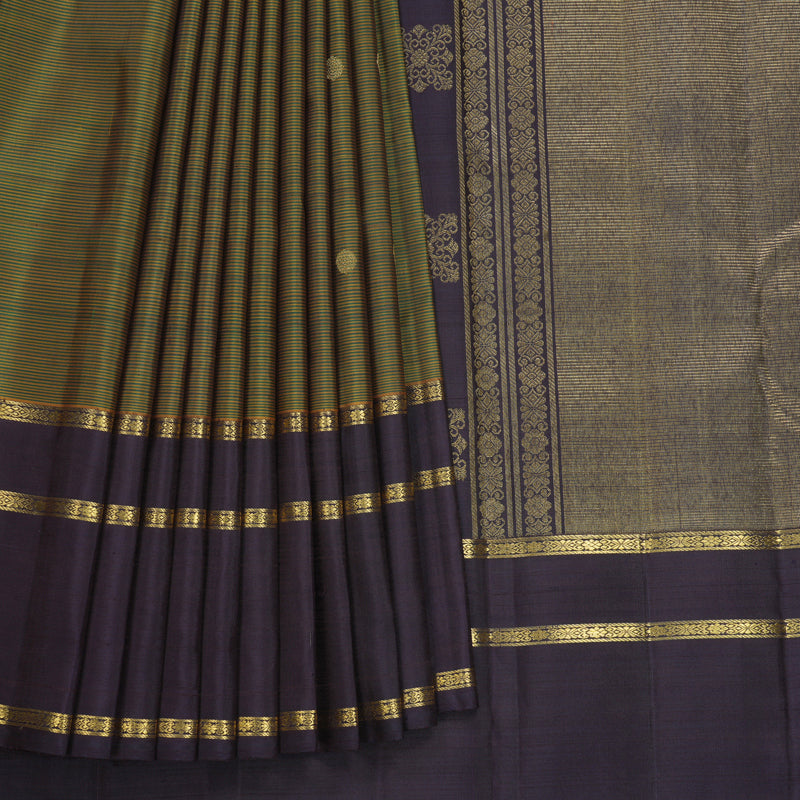 Hayagrivas Handloom Green &amp; Honey Stripes Kanjivaram Silk Saree KBF689G5-1