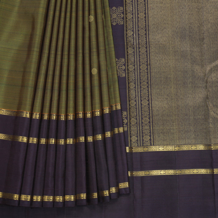 Hayagrivas Handloom Green &amp; Honey Stripes Kanjivaram Silk Saree KBF689G5-1