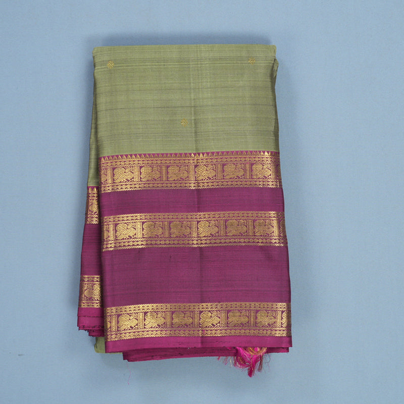 Hayagrivas Handloom Greenish-Grey Kanjivaram Silk Saree with Vadamalli Purple Border KBF689G7-1