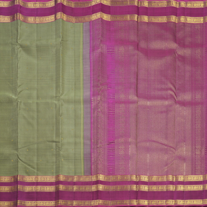 Hayagrivas Handloom Greenish-Grey Kanjivaram Silk Saree with Vadamalli Purple Border KBF689G7-1