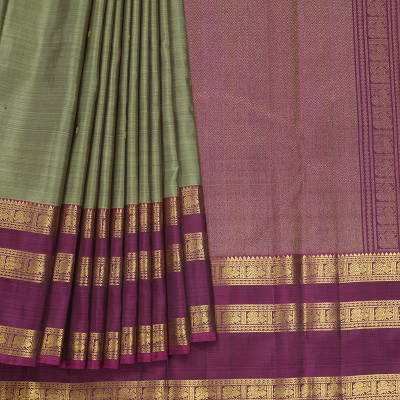 Hayagrivas Handloom Greenish-Grey Kanjivaram Silk Saree with Vadamalli Purple Border KBF689G7-1