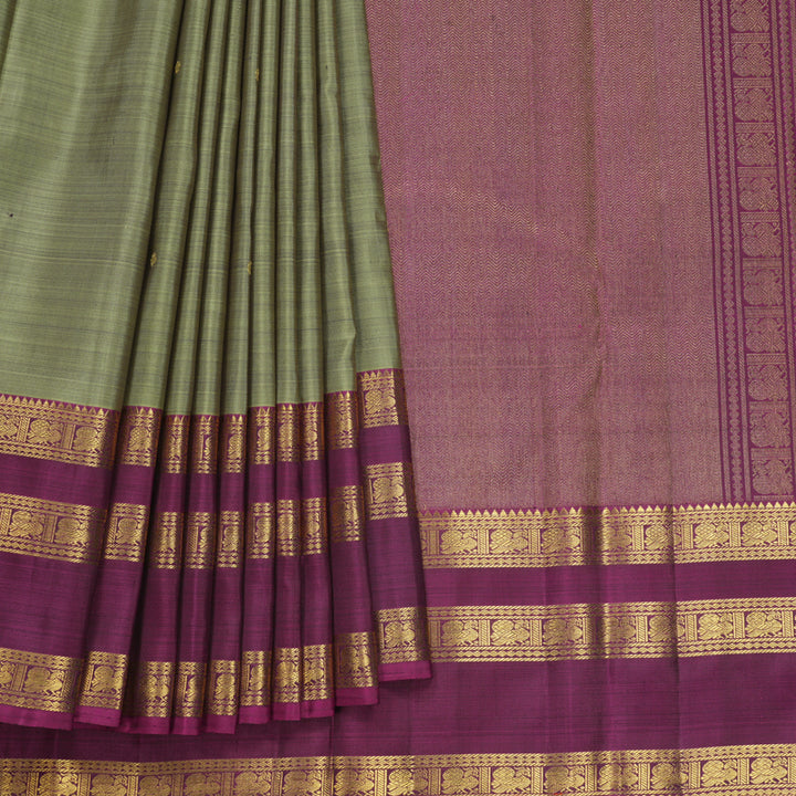 Hayagrivas Handloom Greenish-Grey Kanjivaram Silk Saree with Vadamalli Purple Border KBF689G7-1