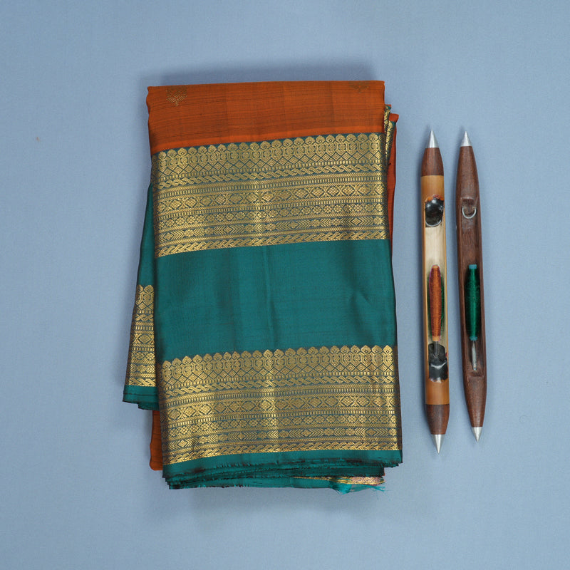 Hayagrivas Handloom Rust Orange Kanjivaram Silk Saree with Peacock Green Border KBF690G4-2