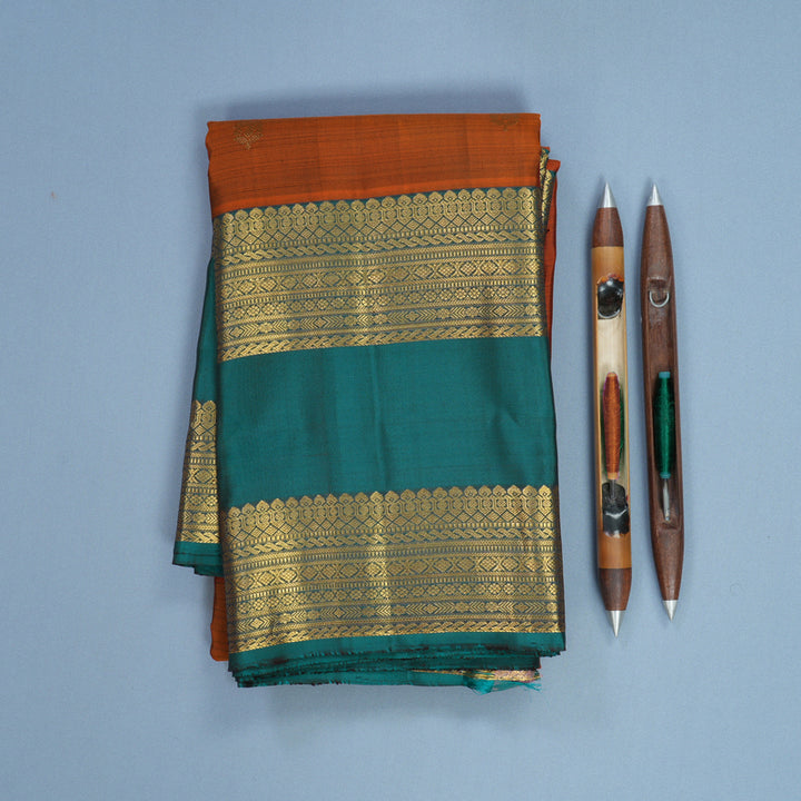 Hayagrivas Handloom Rust Orange Kanjivaram Silk Saree with Peacock Green Border KBF690G4-2