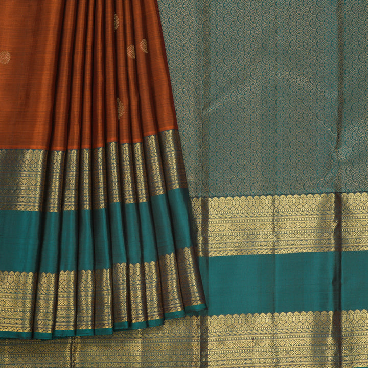 Hayagrivas Handloom Rust Orange Kanjivaram Silk Saree with Peacock Green Border KBF690G4-2