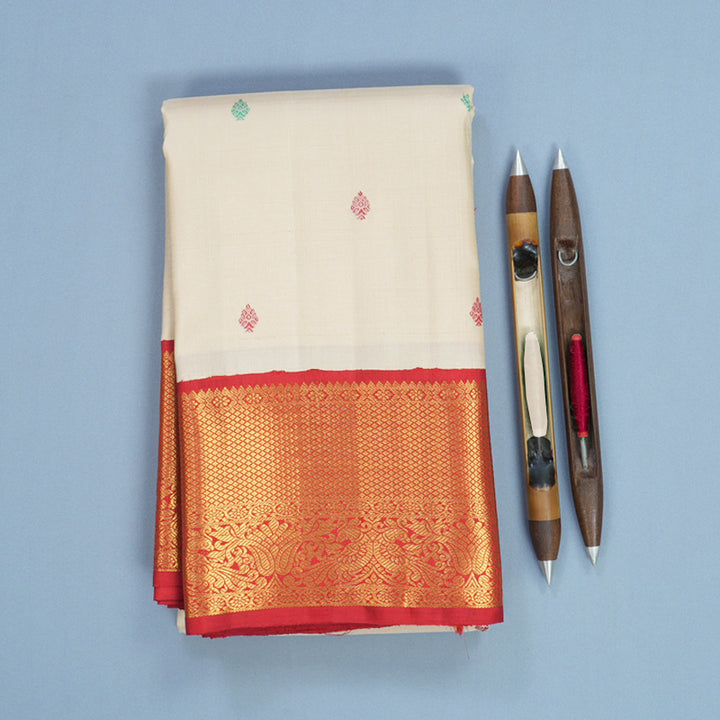 Hayagrivas Handloom Beige Kanjivaram Silk Saree with Red Border KBF691G1-1