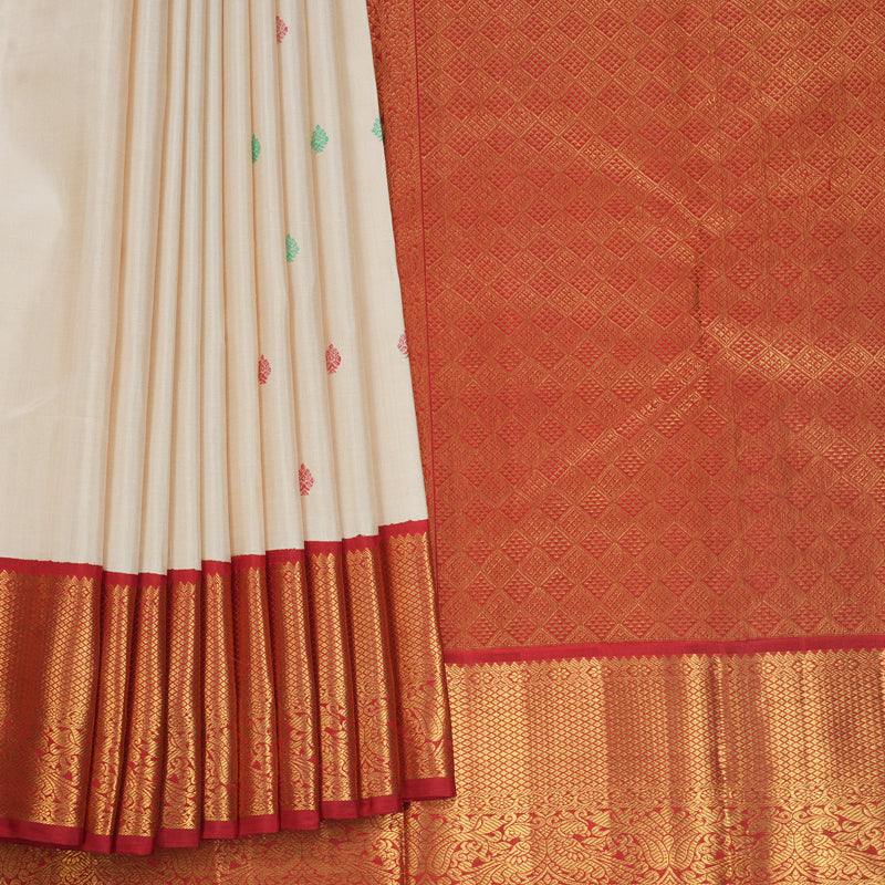Hayagrivas Handloom Beige Kanjivaram Silk Saree with Red Border KBF691G1-1