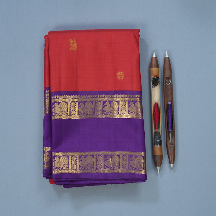 Hayagrivas Handloom Red Kanjivaram Silk Saree with Purple Border KBF691G1-2