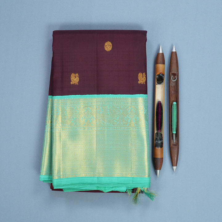 Hayagrivas Handloom Burgundy Kanjivaram Silk Saree with Sea Green Border KBF691G1-4