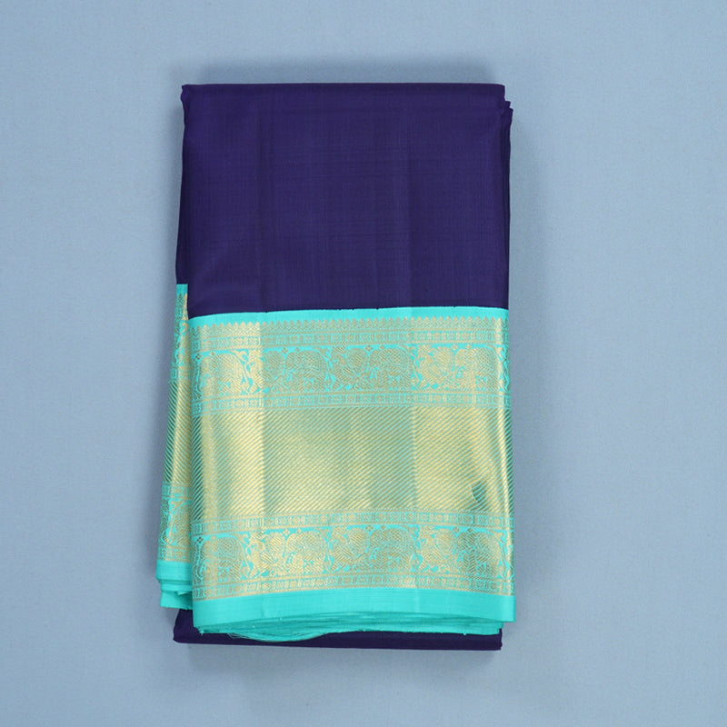 Hayagrivas Handloom Dark Blue Kanjivaram Silk Saree with Sea Blue Border KBF691G2-2