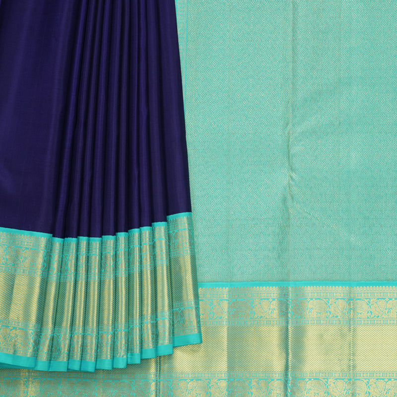 Hayagrivas Handloom Dark Blue Kanjivaram Silk Saree with Sea Blue Border KBF691G2-2