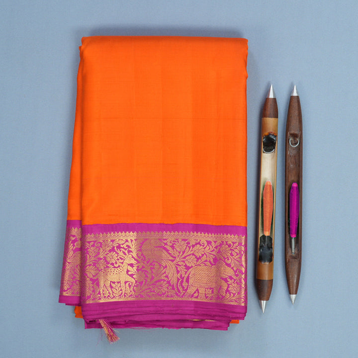 Hayagrivas Handloom Orange Kanjivaram Silk Saree with Rani Pink Border KBF691G4-1