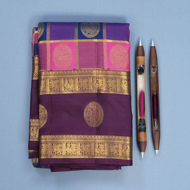Hayagrivas Handloom Multicolour Checks Kanjivaram Silk Saree with Purple Border KBF695G1-3