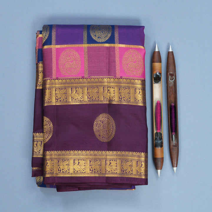 Hayagrivas Handloom Multicolour Checks Kanjivaram Silk Saree with Purple Border KBF695G1-3