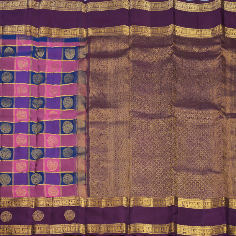 Hayagrivas Handloom Multicolour Checks Kanjivaram Silk Saree with Purple Border KBF695G1-3