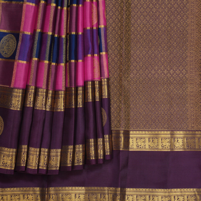 Hayagrivas Handloom Multicolour Checks Kanjivaram Silk Saree with Purple Border KBF695G1-3