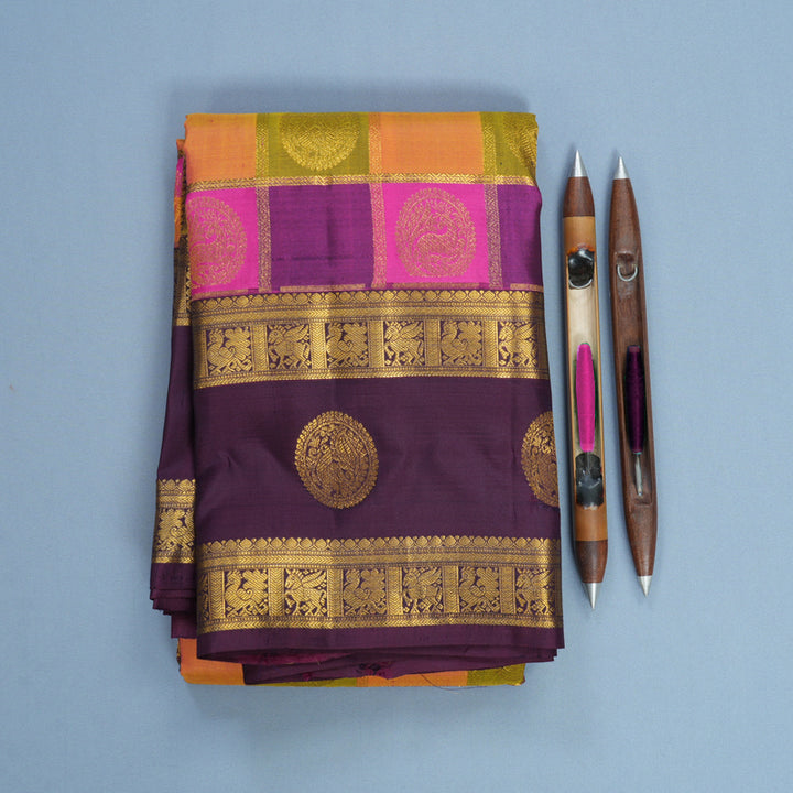 Hayagrivas Handloom Multicolour Checks Kanjivaram Silk Saree with Plum Purple Border KBF695G1-6