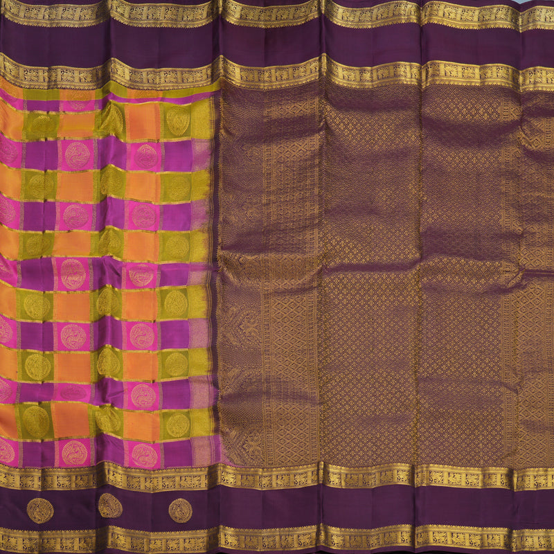 Hayagrivas Handloom Multicolour Checks Kanjivaram Silk Saree with Plum Purple Border KBF695G1-6
