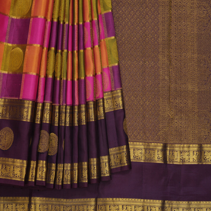 Hayagrivas Handloom Multicolour Checks Kanjivaram Silk Saree with Plum Purple Border KBF695G1-6