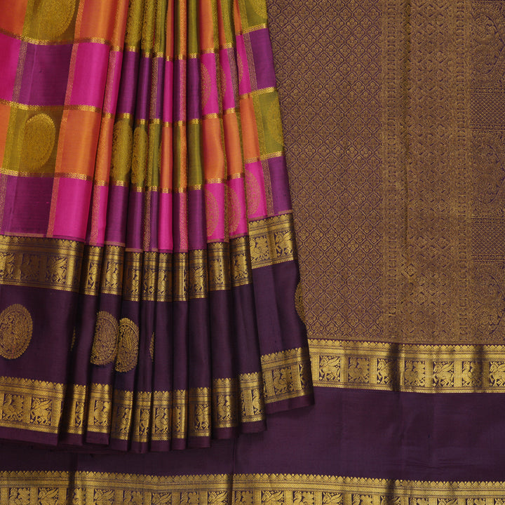 Hayagrivas Handloom Multicolour Checks Kanjivaram Silk Saree with Plum Purple Border KBF695G1-6