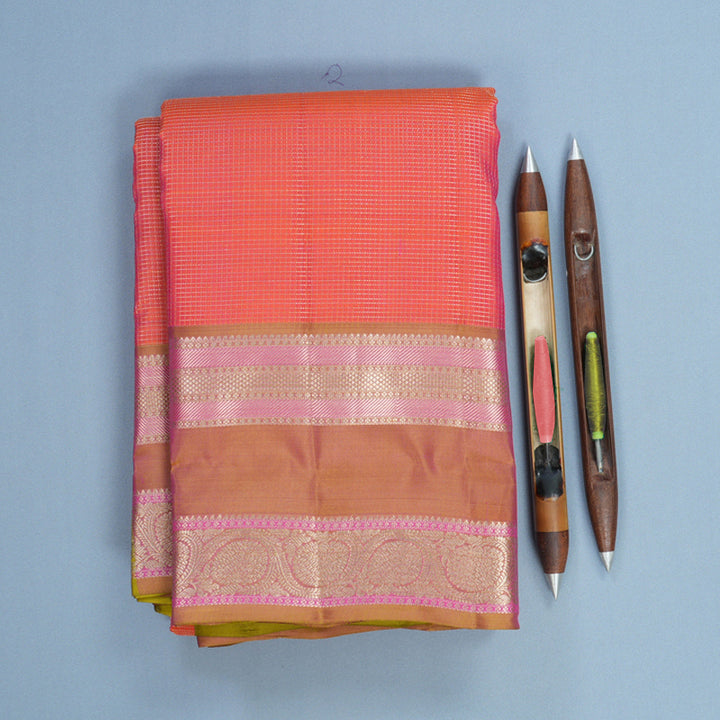 Hayagrivas Handloom Orangish-Pink Kanjivaram Silk Saree KBF695G13-4