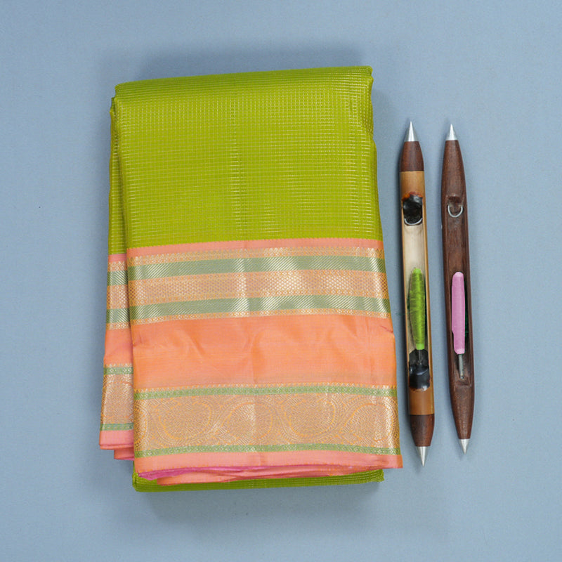 Hayagrivas Handloom Lime Green Kanjivaram Silk Saree with Peach Pink Border KBF695G13-5