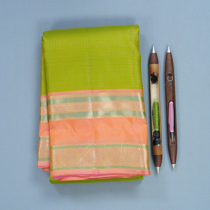 Hayagrivas Handloom Lime Green Kanjivaram Silk Saree with Peach Pink Border KBF695G13-5
