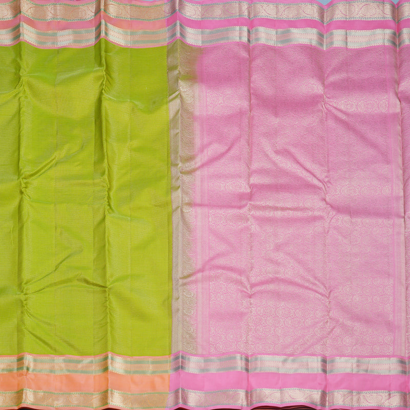 Hayagrivas Handloom Lime Green Kanjivaram Silk Saree with Peach Pink Border KBF695G13-5