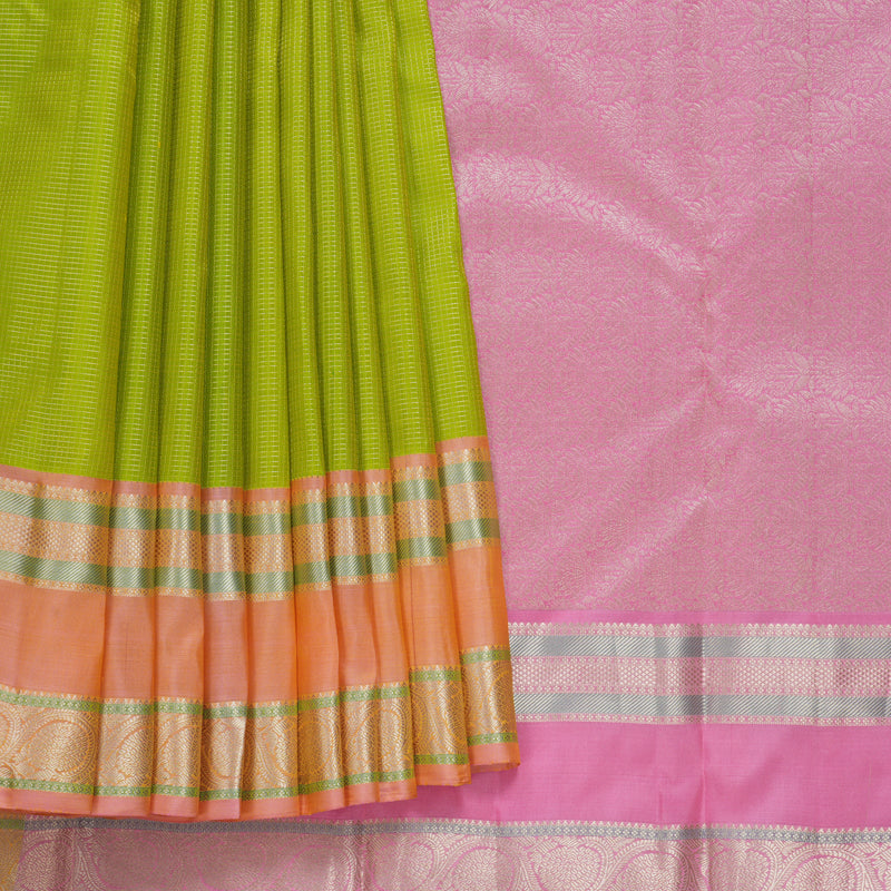 Hayagrivas Handloom Lime Green Kanjivaram Silk Saree with Peach Pink Border KBF695G13-5