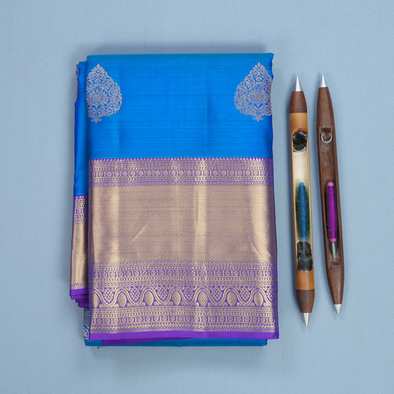 Hayagrivas Handloom Ananda Blue Kanjivaram Silk Saree with Purple Border KBF695G15-6