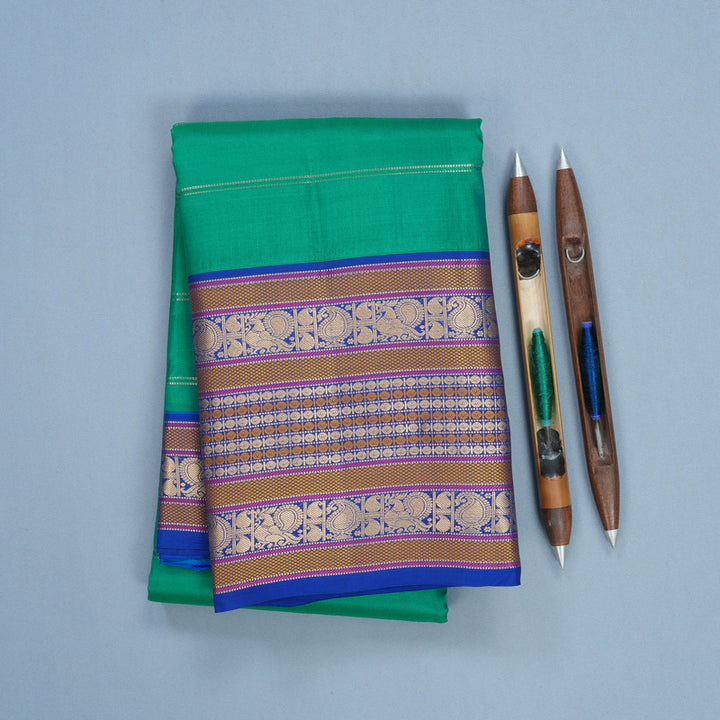 Hayagrivas Handloom Sea Green Kanjivaram Silk Saree with MS Blue Border KBF695G2-1