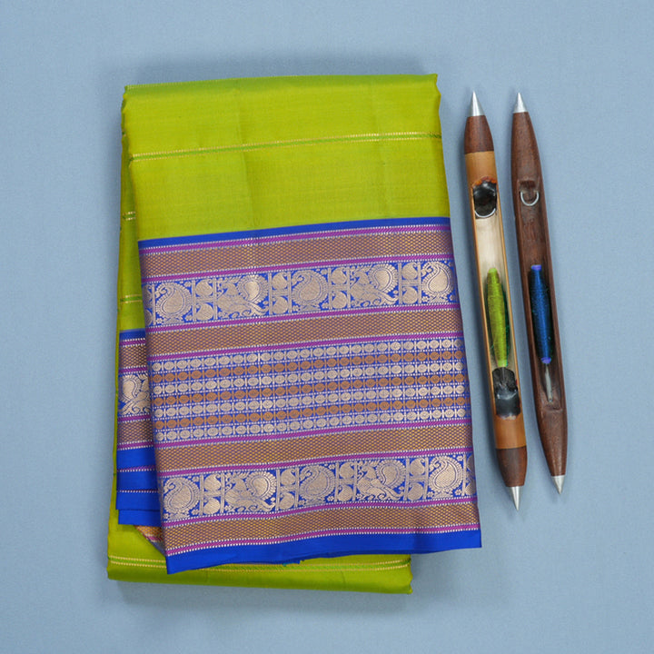 Hayagrivas Handloom Fluorescent Green Kanjivaram Silk Saree with MS Blue Border KBF695G2-3