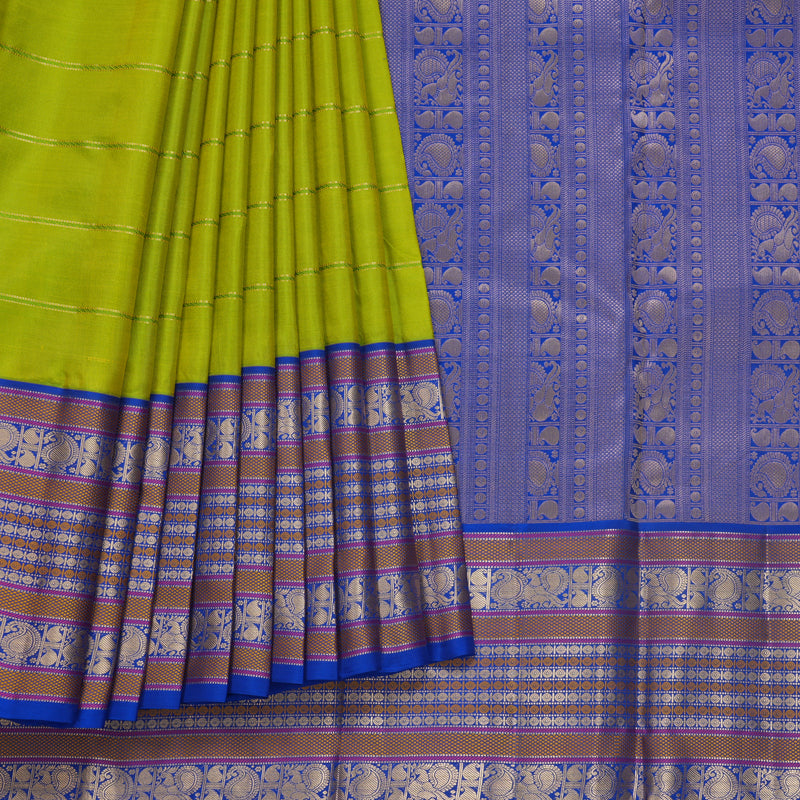 Hayagrivas Handloom Fluorescent Green Kanjivaram Silk Saree with MS Blue Border KBF695G2-3