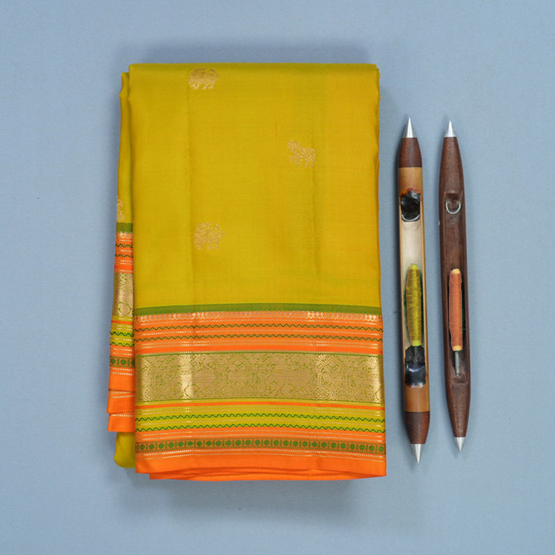 Hayagrivas Handloom Sampanga Yellow Kanjivaram Silk Saree with Orange Border KBF695G3-5