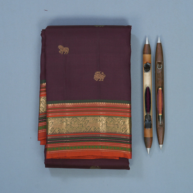 Hayagrivas Handloom Wine Purple Kanjivaram Silk Saree with Rust Orange Border KBF695G3-6