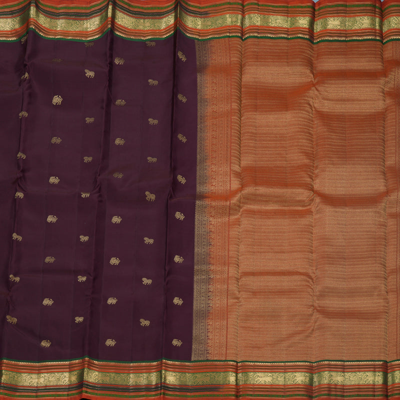 Hayagrivas Handloom Wine Purple Kanjivaram Silk Saree with Rust Orange Border KBF695G3-6