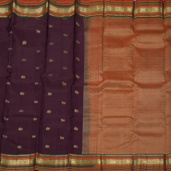 Hayagrivas Handloom Wine Purple Kanjivaram Silk Saree with Rust Orange Border KBF695G3-6