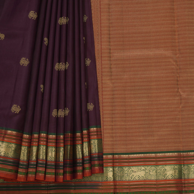 Hayagrivas Handloom Wine Purple Kanjivaram Silk Saree with Rust Orange Border KBF695G3-6