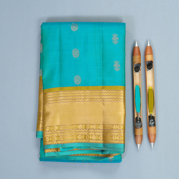 Hayagrivas Handloom Blue-Green Kanjivaram Silk Saree with Olive Green Border KBF695G7-3