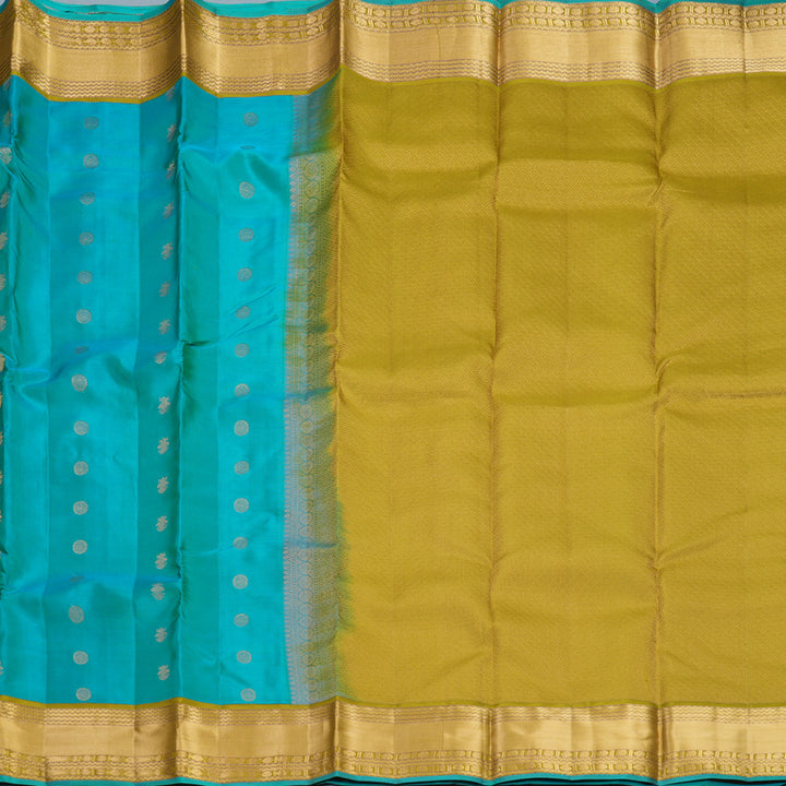 Hayagrivas Handloom Blue-Green Kanjivaram Silk Saree with Olive Green Border KBF695G7-3