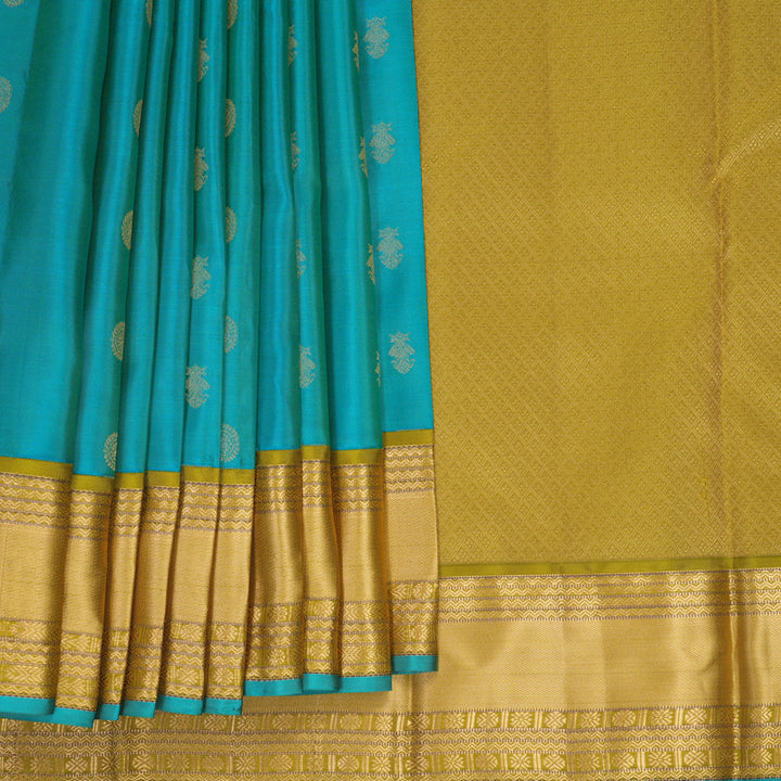 Hayagrivas Handloom Blue-Green Kanjivaram Silk Saree with Olive Green Border KBF695G7-3