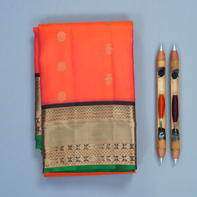 Hayagrivas Handloom Orangish-Pink Kanjivaram Silk Saree with Kanchana Brown Border KBF695G7-8