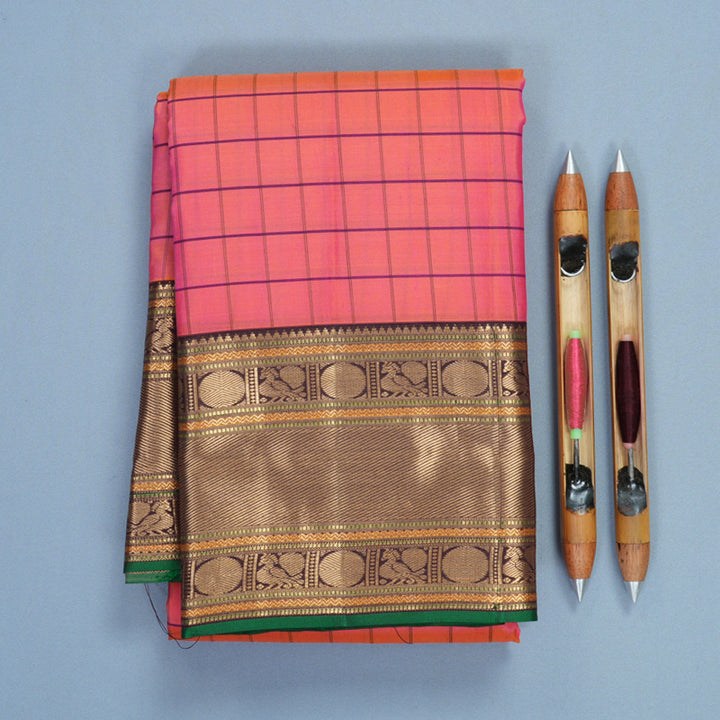 Hayagrivas Handloom Orangish-Pink Kanjivaram Silk Saree with Kanchana Brown Border KBF695G8-6