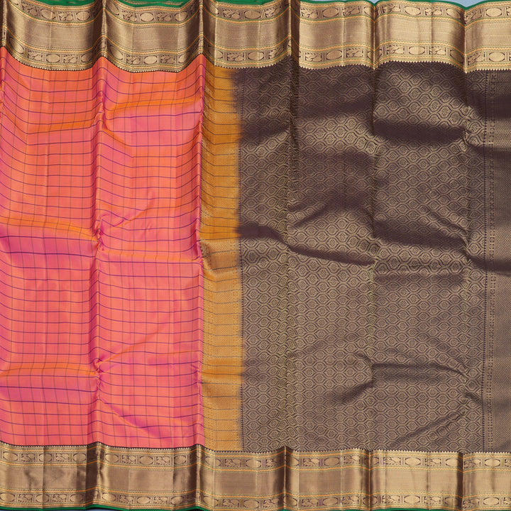 Hayagrivas Handloom Orangish-Pink Kanjivaram Silk Saree with Kanchana Brown Border KBF695G8-6